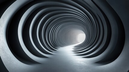 A futuristic tunnel with curved walls leading to a bright light.