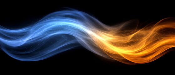 Obraz premium Dynamic abstract illustration featuring flowing blue and orange swirls on a black background, creating a vibrant visual contrast.