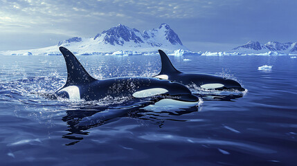 Fototapeta premium Orcas in Arctic Ocean