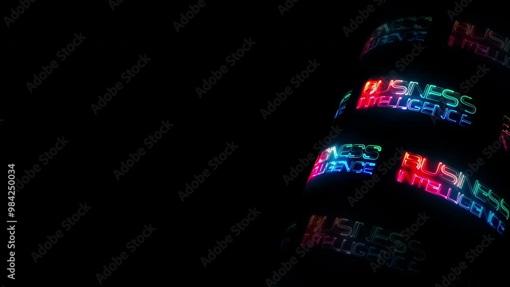 Poster loop business intelligence 3d tube glitch glow colorful neon text animation abstract background with