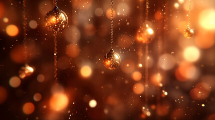 Obraz premium Elegant golden ornaments hang amid a shimmering background, creating a festive atmosphere full of warmth and sparkle.