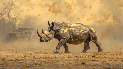 Fototapeta premium Rhino Charging Through Dust Cloud
