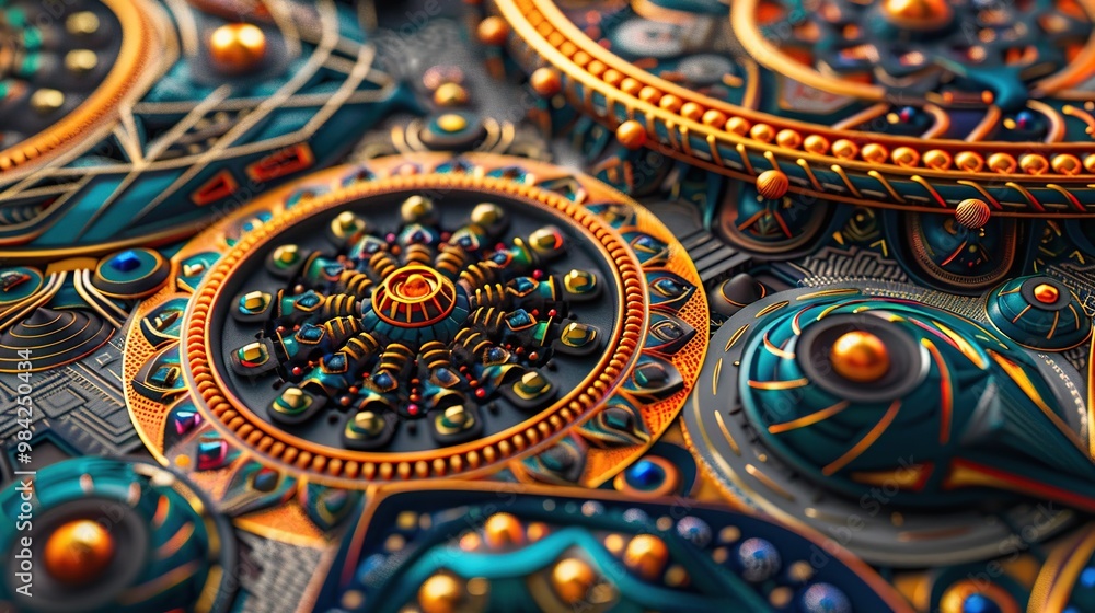 Poster close-up of a detailed geometric pattern with intricate shapes and bold colors
