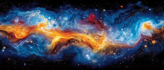 A stunning cosmic landscape featuring vibrant colors of deep space, with swirling clouds and bright stars illuminating the universe.