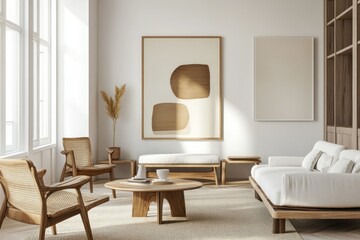 Stylish Scandinavian apartment living room featuring wooden furniture, elegant accessories, and abstract art on the walls.