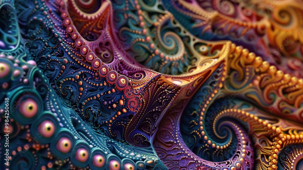 Poster close-up of a detailed fractal pattern with vibrant colors and intricate designs