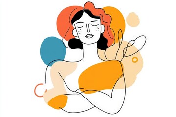 Photo of attractive brunette woman point thumb empty space hold phone wear jeans t-shirt isolated on yellow color background. Beautiful simple AI generated image