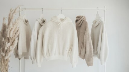 Fototapeta premium Beige and white fashion Clothes on a clothing hanger,knitwear and hoodies on hangers,Minimal fashion clothes on a rack,Fashion blog, website, social media,store in shopping mall,sale online.