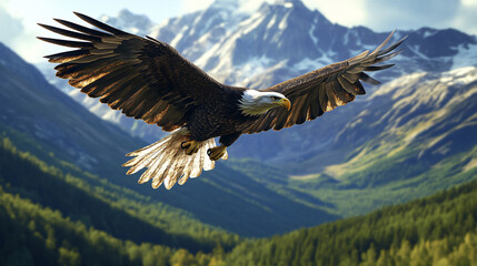 Fototapeta premium Majestic Bald Eagle Soaring Above Mountain Landscape