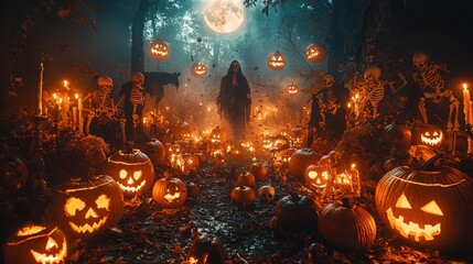 Obraz premium The setting is a haunted forest under a full moon, creating a chilling atmosphere 