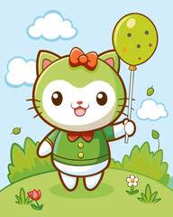 Obraz premium Funny cat in the grass releases a balloon. Flying butterflies. stock illustration
