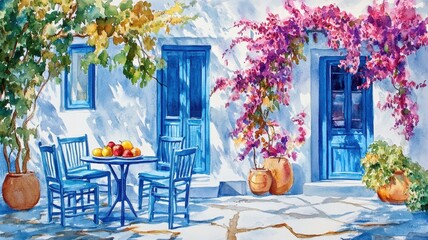 Watercolor of Traditional greek Santorini house with bougainvillea flowers,Greece islands blue white traditional cafe restaurant architecture,Santorini blue door window,Mediterranean scene.