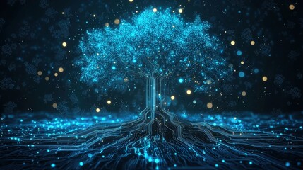 Glowing Abstract Digital Tree with Circuitry Emitting Luminous Energy and Connections