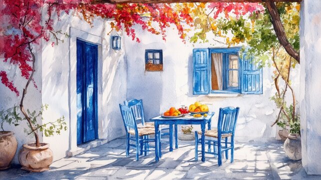 Fototapeta Watercolor of Traditional greek Santorini house with bougainvillea flowers,Greece islands blue white traditional cafe restaurant architecture,Santorini blue door window,Mediterranean scene.