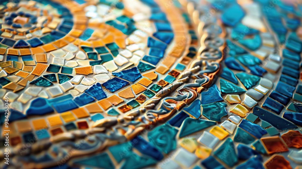 Poster close-up of a detailed mosaic pattern with vibrant tiles and intricate designs