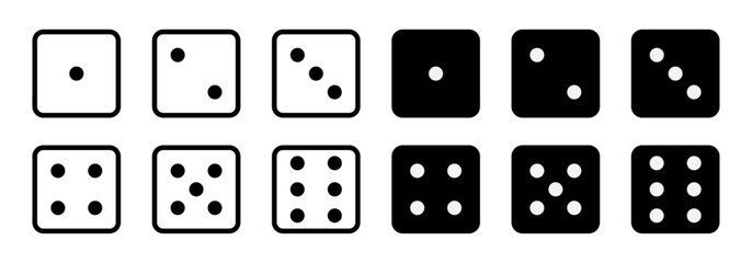 Set of game dice icon. game sign. Dice game vector icon set in black and white color isolated on white background. Dice in a flat and linear design from one to six. Vector illustration.