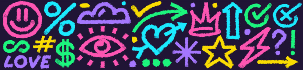 Naive geometric shapes, lines, forms set colorful hand drawn grunge style brush strokes, bold curved crown, star, arrow vector 10 eps