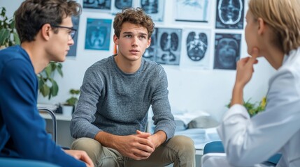 Obraz premium A father and his teenage son in an examination room