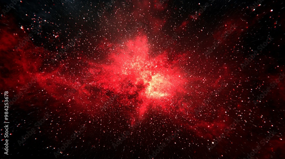 Poster electrifying burst of red particles spreads dynamically across a deep black void, creating a captiva