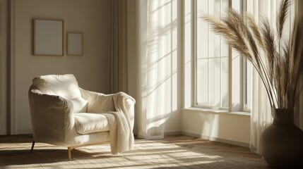 Fototapeta premium A serene and minimalistic living room with neutral tones, featuring a soft armchair, cozy blanket