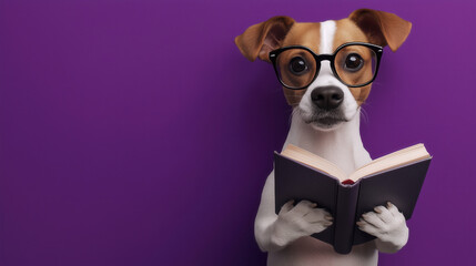 Representación en 3D de un simpático perro con gafas leyendo un libro sobre un fondo violeta. El diseño es simple y minimalista, centrándose en el simpático personaje con amplio espacio para texto.