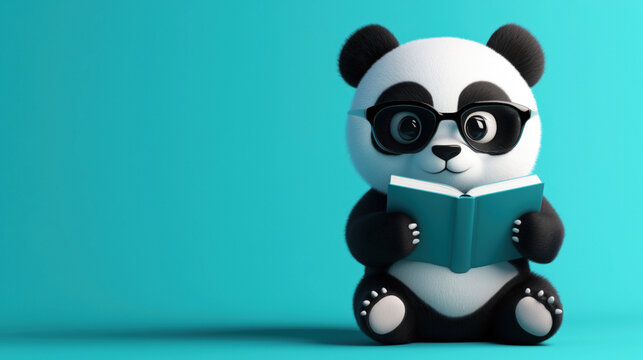 Representaci&oacute;n en 3D de un simp&aacute;tico oso panda con gafas leyendo un libro sobre un fondo azul. El dise&ntilde;o es simple y minimalista, centr&aacute;ndose en el simp&aacute;tico personaje con amplio espacio para texto.