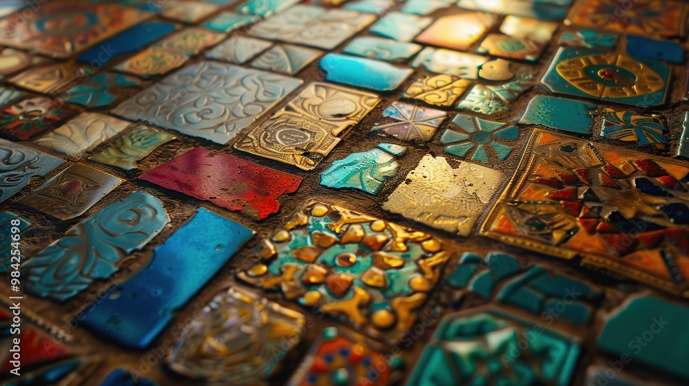 Poster close-up of a mosaic pattern with vibrant tiles and intricate designs
