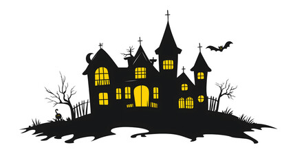 Halloween haunted house clip art, simple silhouette of black with yellow color