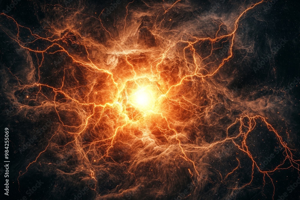 Poster spectacular display of red particles bursts forth from the center, radiating energy as bright trails