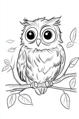 A simple black-outlined owl perched on a branch surrounded by a few leaves