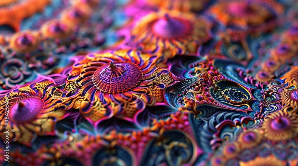 Poster close-up of a detailed fractal pattern with vibrant colors and intricate designs