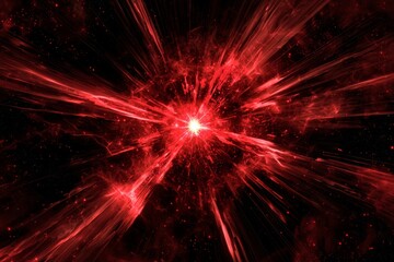 powerful burst of red particles erupts from the center of a black expanse, casting bright trails and scattering glowing dust across the cosmic darkness, revealing the beauty of an explosive force.