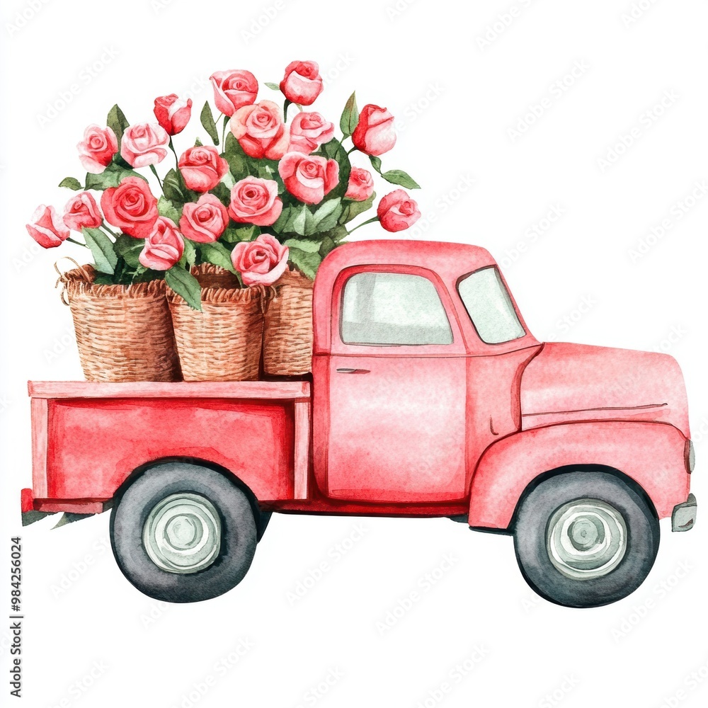 Wall mural red truck with roses.