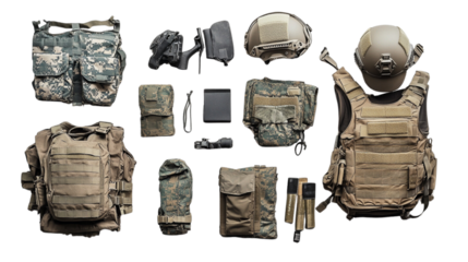 A collection of military gear including a helmet, gloves, and a vest
