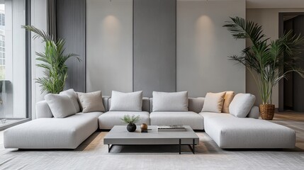Naklejka premium A sleek and modern living room featuring a large gray sectional sofa with plush cushions in neutral