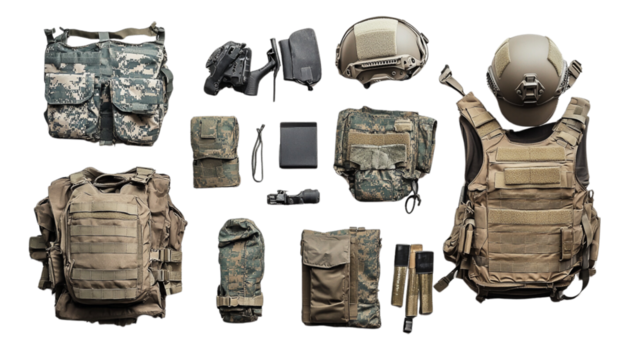A collection of military gear including a helmet, gloves, and a vest