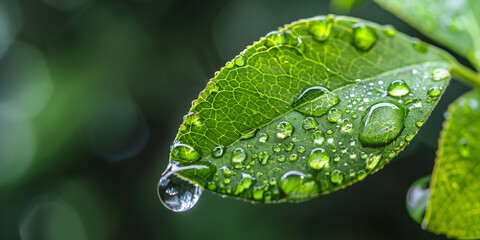 Macro Shot of Raindrops on Green Leaf