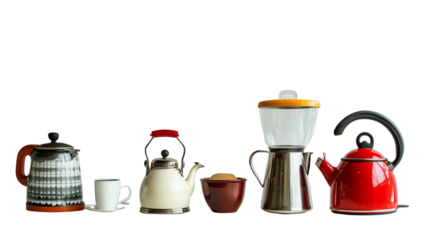 A row of different types of coffee makers and teapots