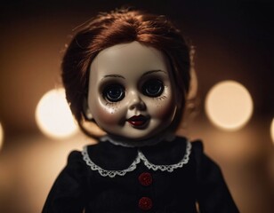 Unsettling doll, featuring dark eyes and red hair, captures attention in a shadowy environment with soft, ambient lighting reflecting an eerie atmosphere. Scary doll for horror and Halloween. AI