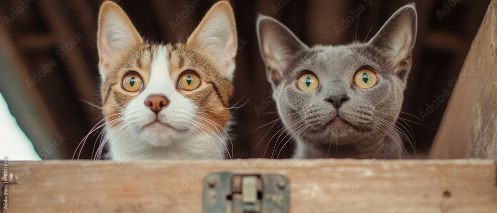 Wall mural curious cats looking out from a wooden box