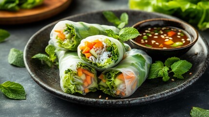 Fresh spring rolls with dipping sauce and herbs