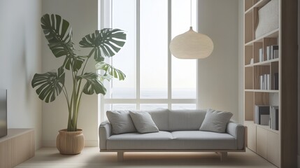 A sleek, minimalistic living room with a soft gray sofa, modern pendant lighting