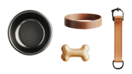 A dog leash, a bowl, a bone, and a collar are shown