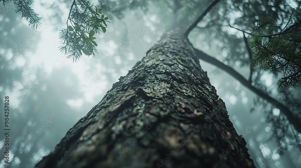 Poster looking up at a tall tree trunk in a misty forest.