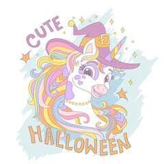 Halloween unicorn in a hat and lettering card vector illustration