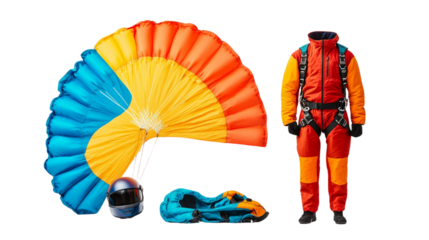 A collection of outdoor gear and clothing, including a red jacket, orange