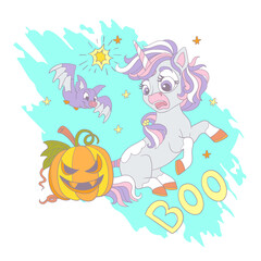 Halloween scared unicorn and lettering card vector illustration