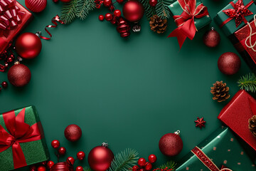 Christmas background with gifts and decorations on a green background, leaving space for text. Christmas concept banner