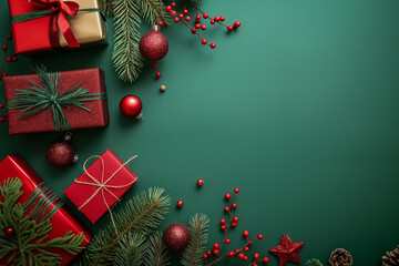 Christmas background with gifts and decorations on a green background, leaving space for text. Christmas concept banner