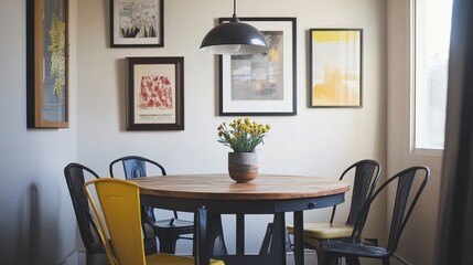A small, charming dining area with a round wooden table, black metal chairs